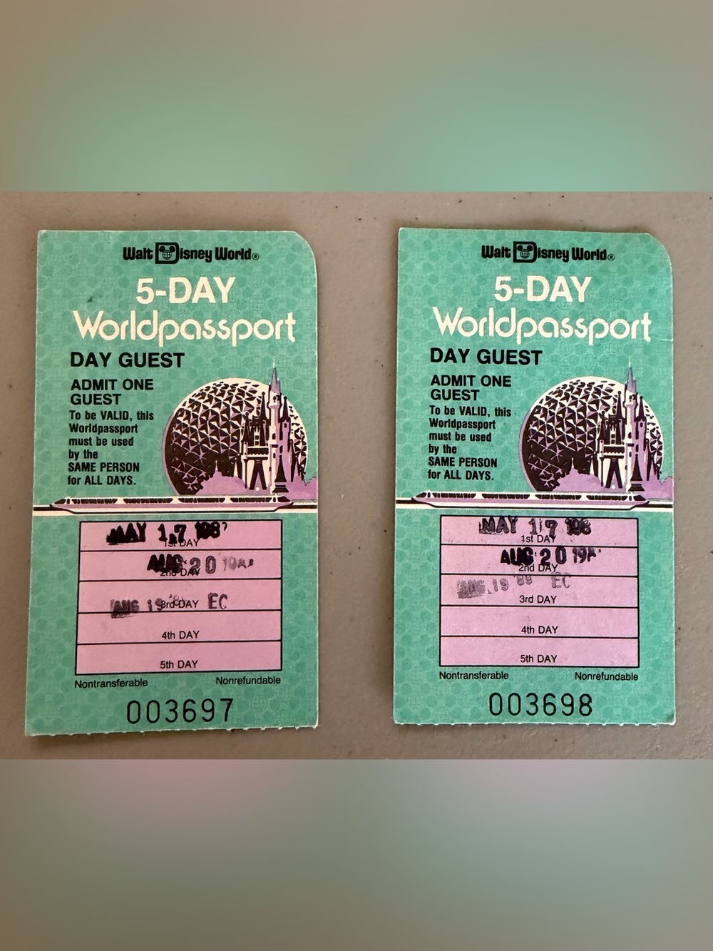 Vintage Walt Disney World 5-Day Worldpassport Tickets Pair - 1988